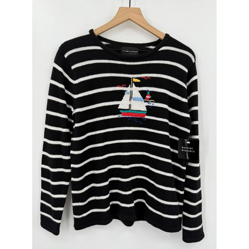 Vintage Sag Harbor Sweater Medium Petite Striped Boat‎ Nautical Embroidered NEW - Picture 2 of 8